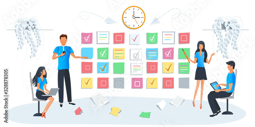 Vector illustration of business workshop, people making a presentation at office. Team brainstorming idea. Business man standing at whiteboard with sticky notes. Increase skills on workshop training