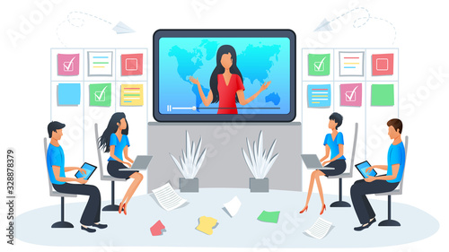 Vector illustration of online training, workshop, presentation, webinar. Business people at the video conference in a meeting room. Skill development in a digital classroom, workshop event