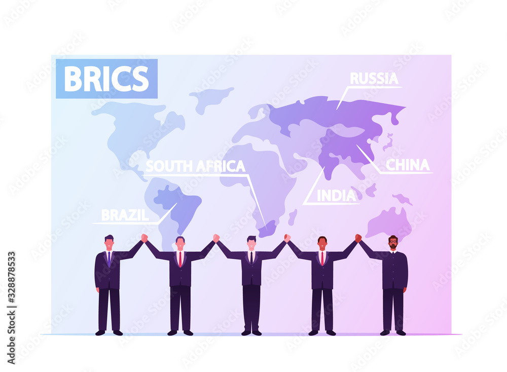 Brics Association of Major Emerging National Economies Brazil, Russia, India, China, South Africa. Country Leaders Characters Holding Hands on World Map Background. Cartoon People Vector Illustration Brics Association of Major Emerging National Economies Brazil, Russia, India, China, South Africa. Country Leaders Characters Holding Hands on World Map Background. Cartoon People Vector Illustration