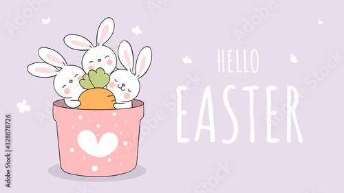 Draw banner rabbit and carrot in garden pot For Easter and spring.
