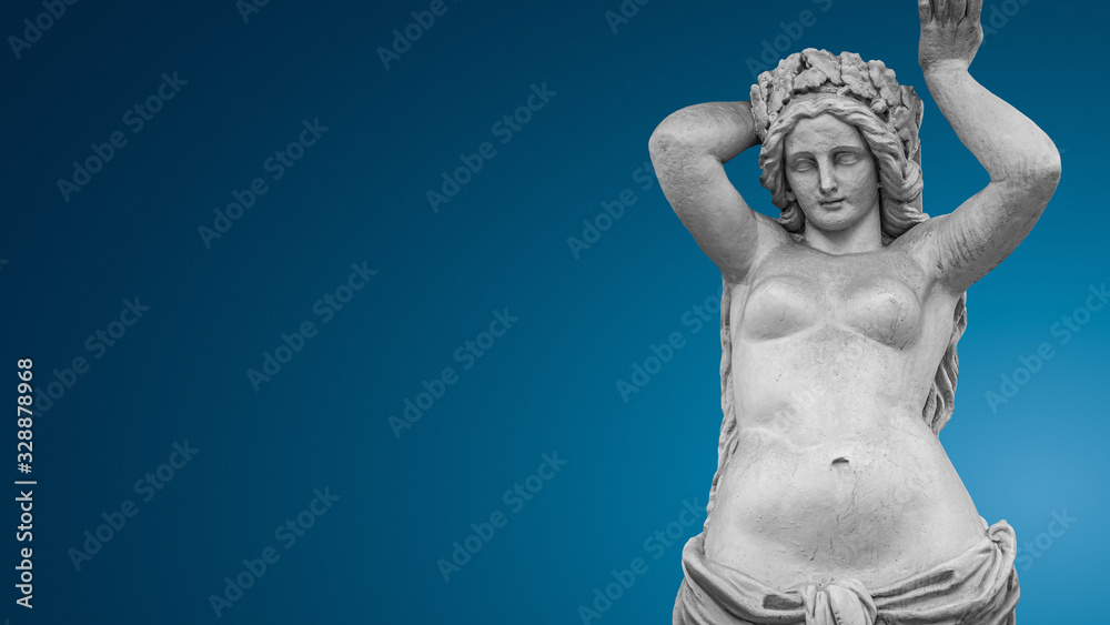 Banner with a portrait of statue of young and naked sensual Roman Italian Renaissance Era woman with copy space for text and blue gradient background, details, closeup