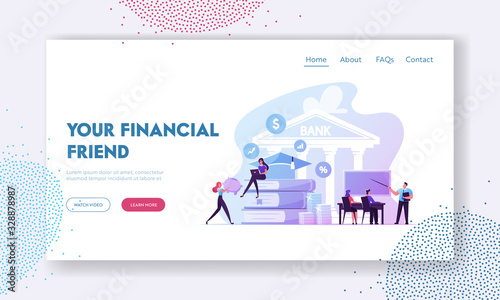 Educational Loan, Investment in Education Landing Page Template. Student Characters Take Debt in Bank for Studying in University, Tiny People at Huge Books Pile and Coins. Cartoon Vector Illustration