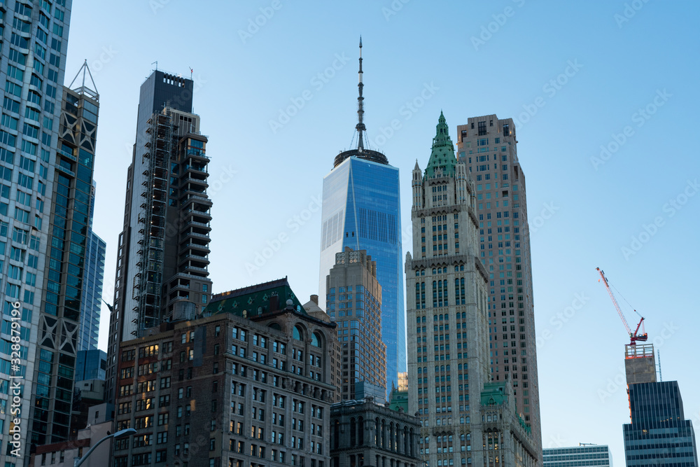 Fototapeta premium Lower Manhattan New York City Skyline Scene with Modern and Old Skyscrapers