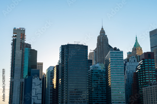 Lower Manhattan New York City Skyline Scene with Modern and Old Skyscrapers