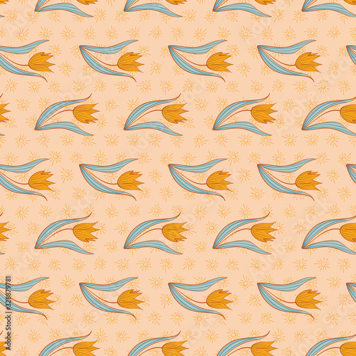 Yellow tulips seamless vector springtime pattern. Decorative feminine nature themed surface print design. Great for seasonal fabrics, stationery and packaging. Good background for easter holiday.