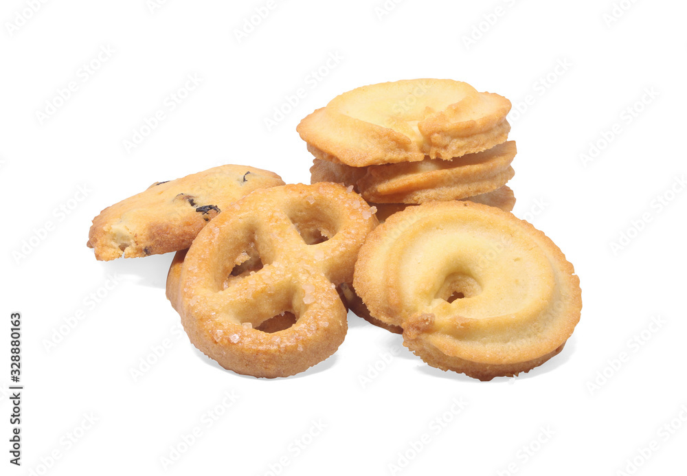 Pile of sweet danish cookies isolated on white background with clipping path..