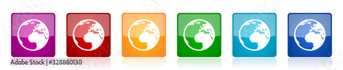 Earth icon set, colorful square glossy vector illustrations in 6 options for web design and mobile applications