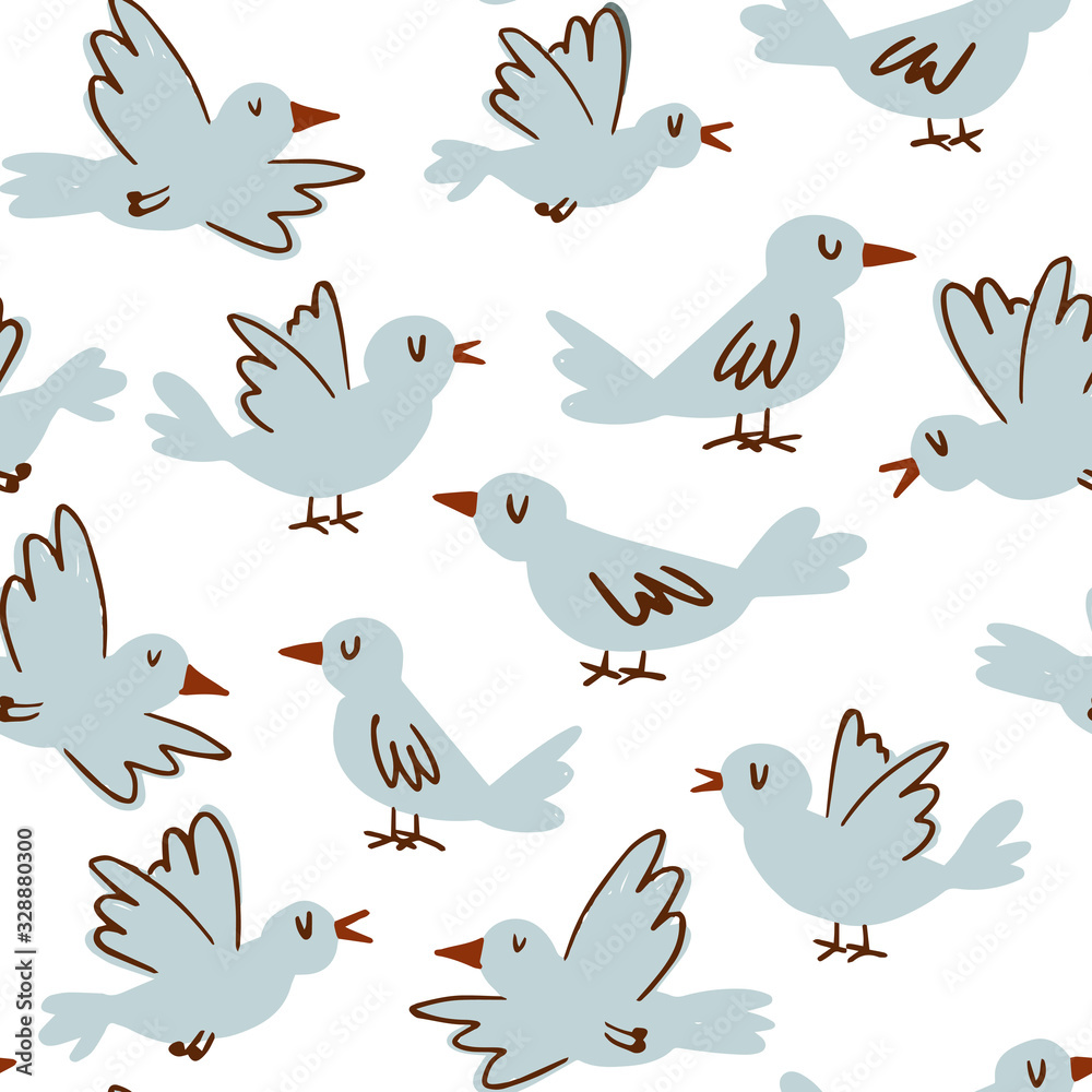Fototapeta premium Cute birds hand-drawn vector seamless pattern. Cartoon birds for kids and home decor background in light blue on white background for wrapping paper, fabric, textile, wallpaper