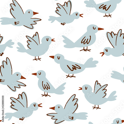 Cute birds hand-drawn vector seamless pattern. Cartoon birds for kids and home decor background in light blue on white background for wrapping paper  fabric  textile  wallpaper