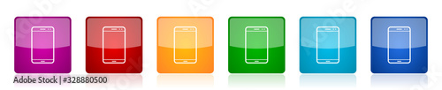 Smartphone icon set, mobile phone colorful square glossy vector illustrations in 6 options for web design and mobile applications
