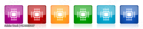 Circuit icon set, technology, chip, processor colorful square glossy vector illustrations in 6 options for web design and mobile applications