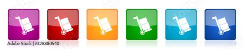 Delivery service icon set, shipping barrow colorful square glossy vector illustrations in 6 options for web design and mobile applications