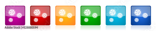 Virus icon set, bacteria, pathogen, infection colorful square glossy vector illustrations in 6 options for web design and mobile applications