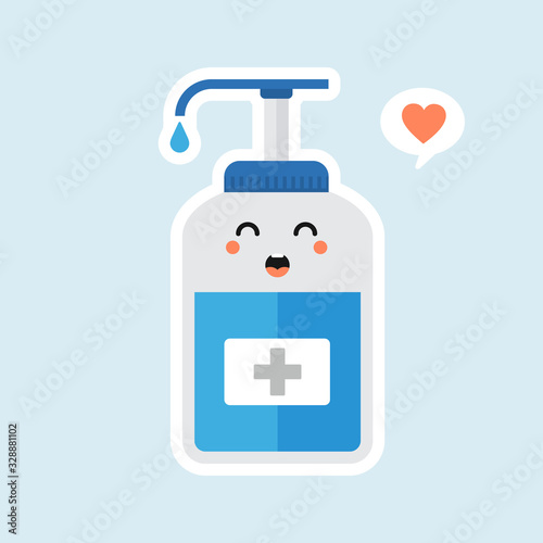 ute and kawaii disinfection or and sanitizer bottle, washing gel. Vector illustration suitable for hygiene, disinfect, medical, clean life, anti virus, bacteria, health care, disease spread, germs