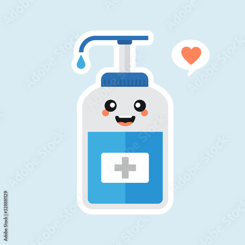 ute and kawaii disinfection or and sanitizer bottle, washing gel. Vector illustration suitable for hygiene, disinfect, medical, clean life, anti virus, bacteria, health care, disease spread, germs