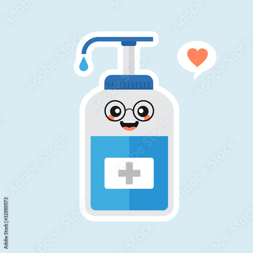 ute and kawaii disinfection or and sanitizer bottle, washing gel. Vector illustration suitable for hygiene, disinfect, medical, clean life, anti virus, bacteria, health care, disease spread, germs