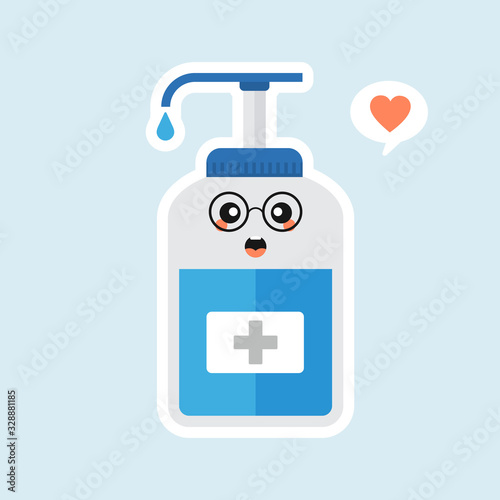 ute and kawaii disinfection or and sanitizer bottle, washing gel. Vector illustration suitable for hygiene, disinfect, medical, clean life, anti virus, bacteria, health care, disease spread, germs