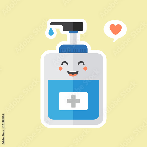 ute and kawaii disinfection or and sanitizer bottle, washing gel. Vector illustration suitable for hygiene, disinfect, medical, clean life, anti virus, bacteria, health care, disease spread, germs
