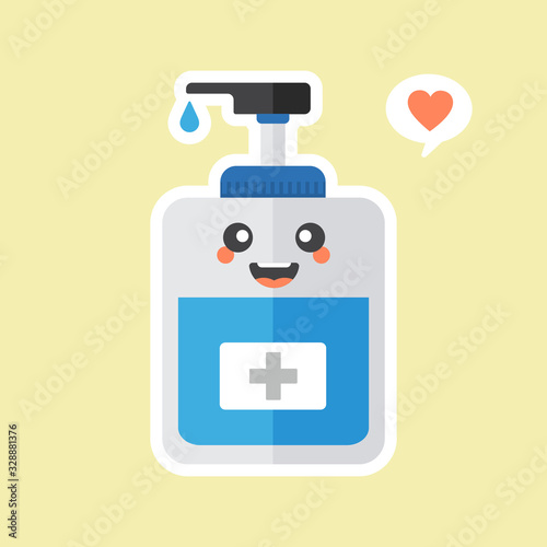 ute and kawaii disinfection or and sanitizer bottle, washing gel. Vector illustration suitable for hygiene, disinfect, medical, clean life, anti virus, bacteria, health care, disease spread, germs