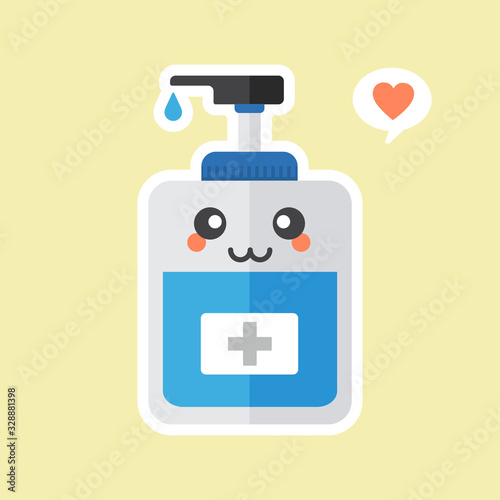 ute and kawaii disinfection or and sanitizer bottle, washing gel. Vector illustration suitable for hygiene, disinfect, medical, clean life, anti virus, bacteria, health care, disease spread, germs