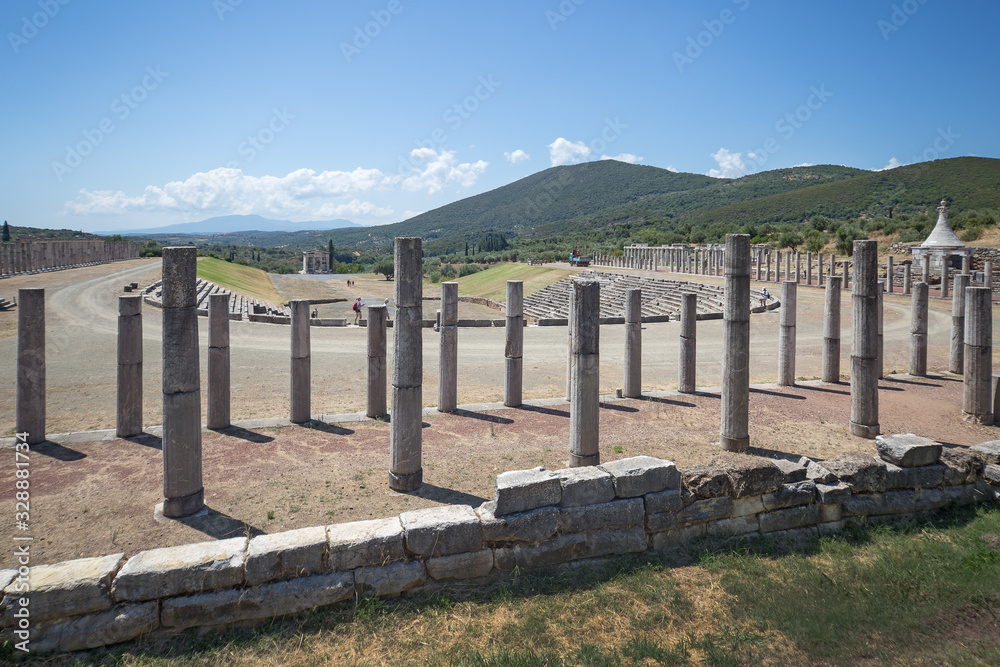 Ancient Messene city ruins of stadium, Peloponnese, Greece