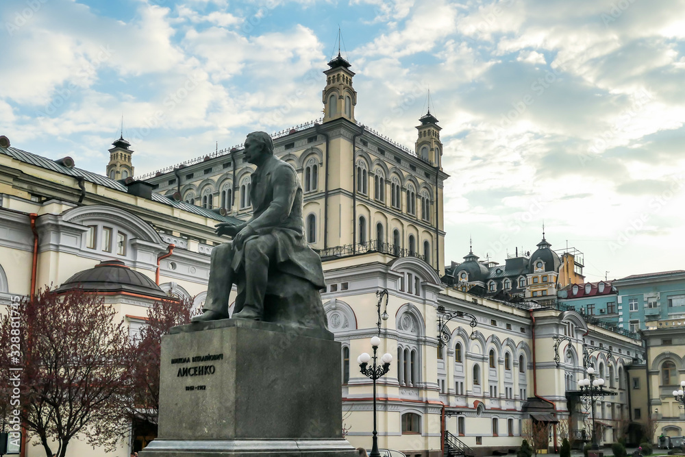 Kiev/Ukraine - 04 19 2019: A monument of Ukrainina pianist and composer, Mykola Lysenko, located in front of Kyiv National Opera House. Monument located on a little square.