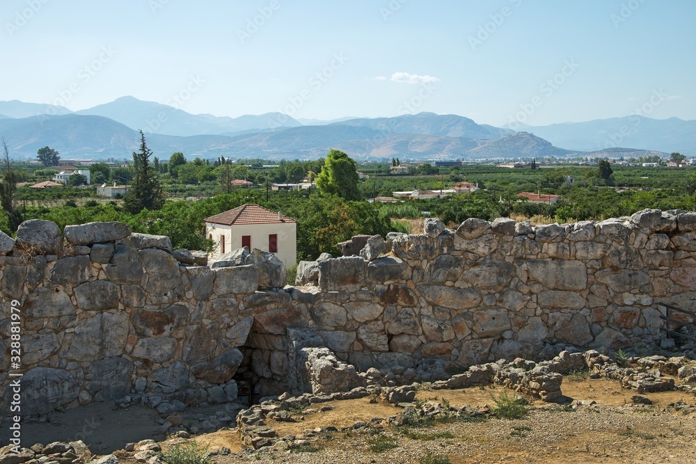 Ruins of ancient acropolis of Tiryns - a Mycenaean archaeological site in Argolis in the Peloponnese, and the location from which mythical hero Heracles performed his 12 labors, Greece.