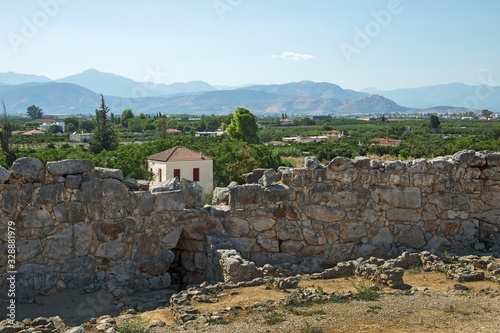 Ruins of ancient acropolis of Tiryns - a Mycenaean archaeological site in Argolis in the Peloponnese  and the location from which mythical hero Heracles performed his 12 labors  Greece.