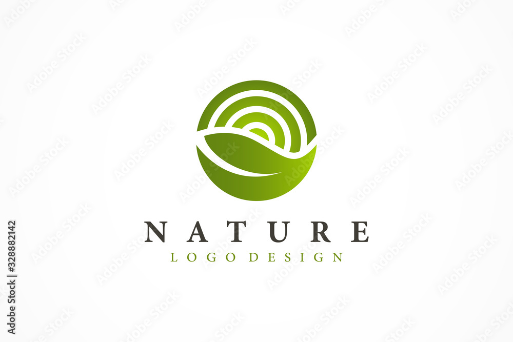 Nature Logo. Green Leaf with Radial Rays of Sun isolated on White Background. Flat Vector Logo Design Template Element.