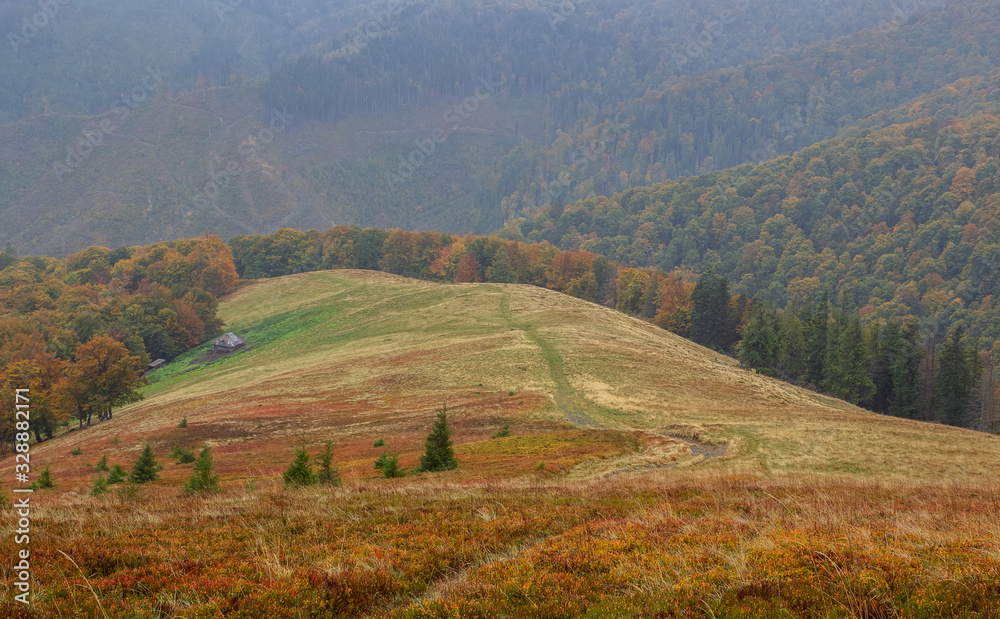 Obraz premium path to the distance, ruined house, autumn mountains