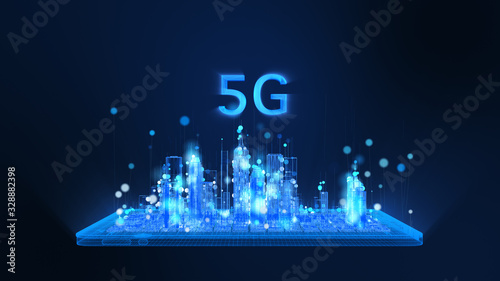3D Rendering, 5G, bright digital tablet and city wireframe in bright blue and white colors particles, Sphere particle line rise up. Digital technology and communication concept.