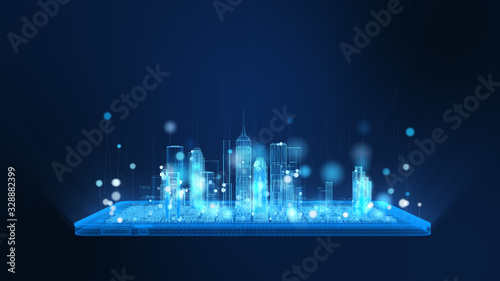 3D Rendering, bright digital tablet and city wireframe in bright blue and white colors particles, Sphere particle line rise up. Digital technology and communication concept.