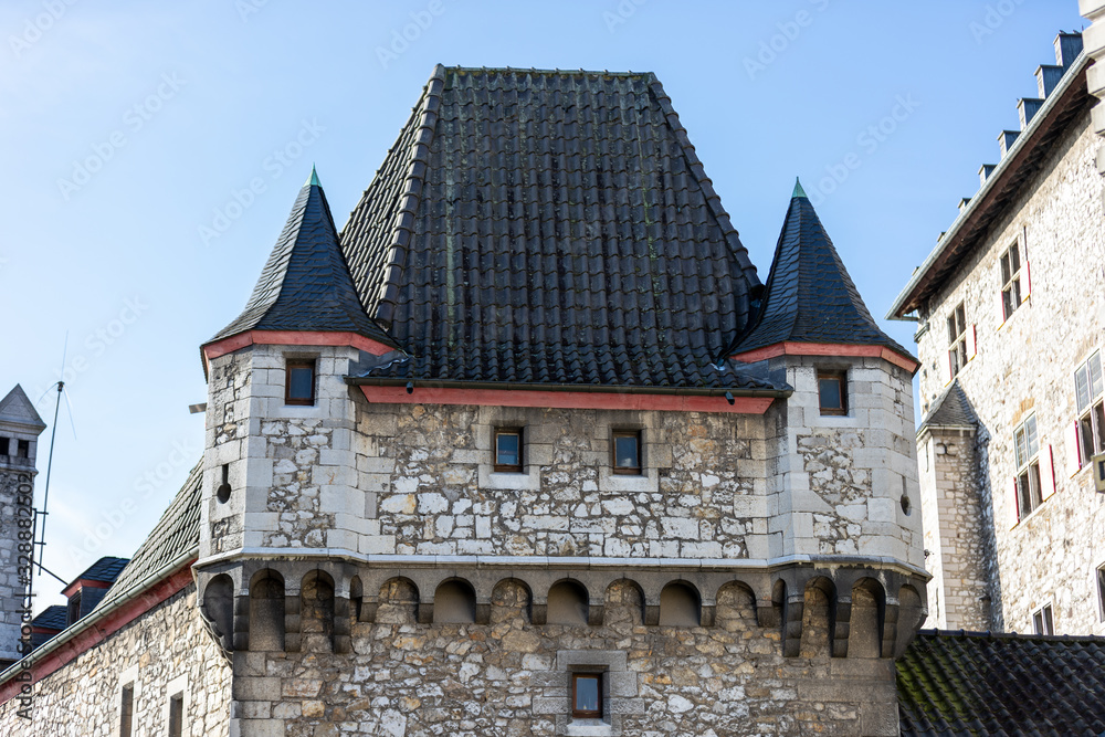 Low angle view at a tower of Stolberg castle in Stolberg, Eifel