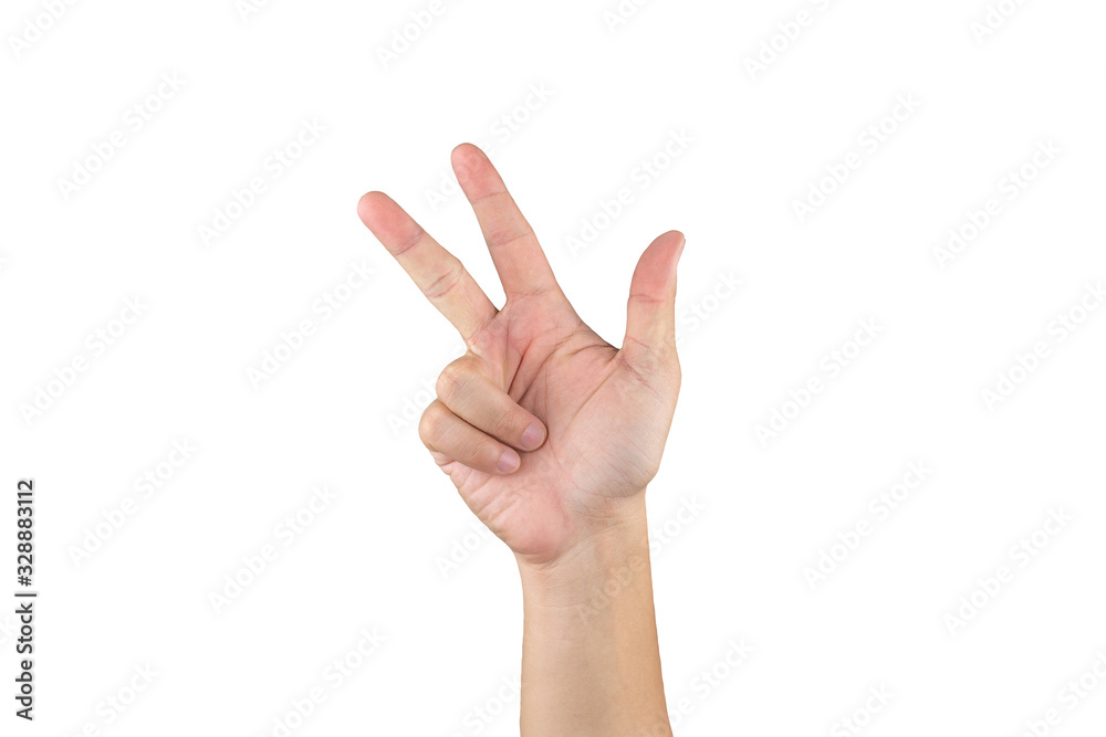 Asian hand shows and counts 8 finger on isolated white background. with clipping path Asian hand shows and counts 8 finger on isolated white background. with clipping path