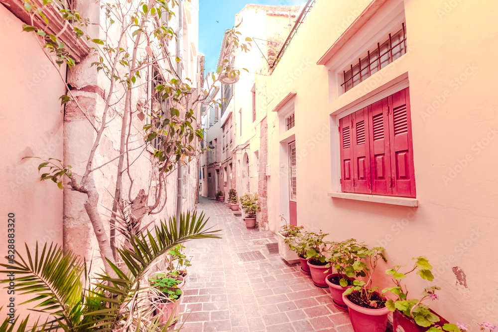 Amazing narrow streets of popular destination on Crete island. Sunny morning in Greece. Traditional architecture and colors of mediterranean city. Place for romantic vacation and summer travel - obrazy, fototapety, plakaty 