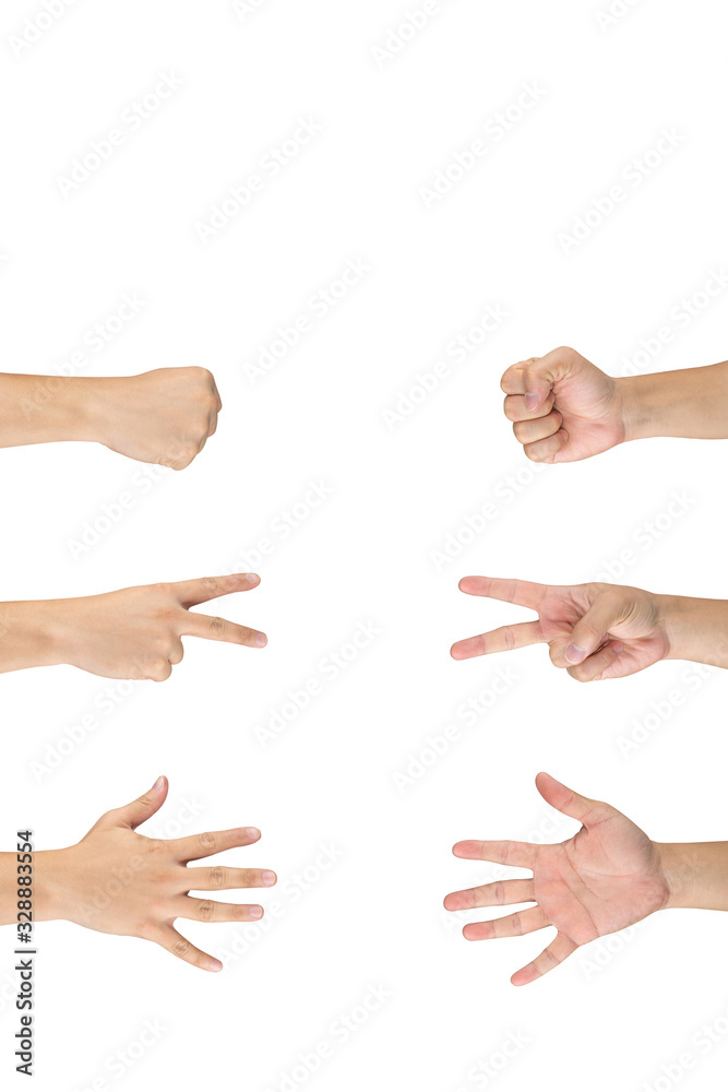 Rock Paper Scissors gambling hand game for all of ages and sex. This is Asian male hands post on white background. Rock Paper Scissors gambling hand game for all of ages and sex. This is Asian male hands post on white background.