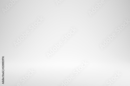 Fototapeta Blank white gradient background with product display. White backdrop or empty studio with room floor. 3D rendering.