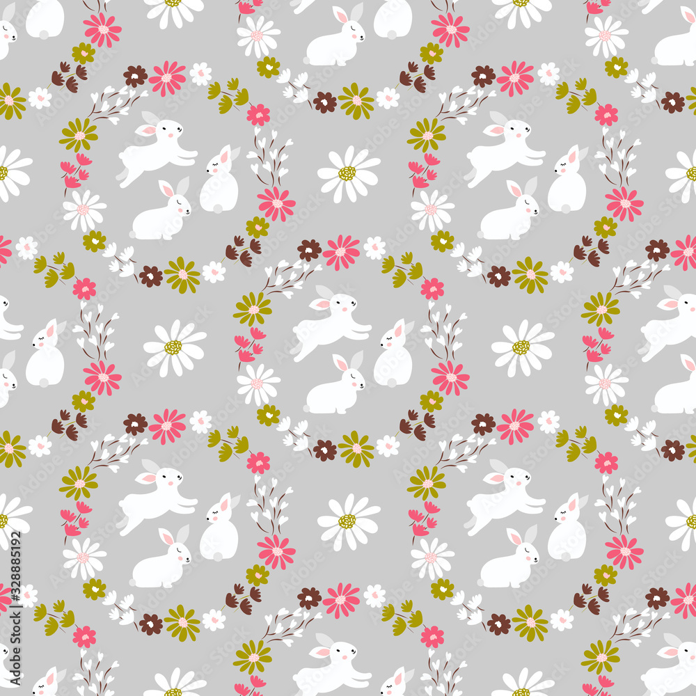 Spring, Easter vector seamless pattern cute retro rabbits, wreath of leaves and blossom little flowers. Easter bunny background.  Countryside, shabby chic style pattern