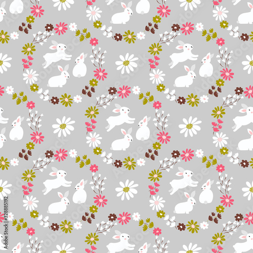 Spring, Easter vector seamless pattern cute retro rabbits, wreath of leaves and blossom little flowers. Easter bunny background. Countryside, shabby chic style pattern