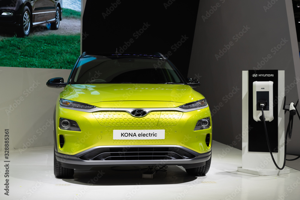 Metallic green Hyundai KONA electric, new generation electric Vehicle ...