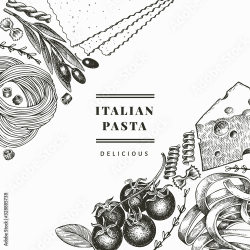 Italian pasta with additions design template. Hand drawn vector food illustration. Engraved style. Vintage pasta different kinds background.