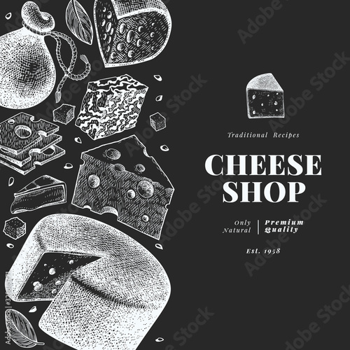 Cheese design template. Hand drawn vector dairy illustration on chalk board. Engraved style different cheese kinds banner. Vintage food background.