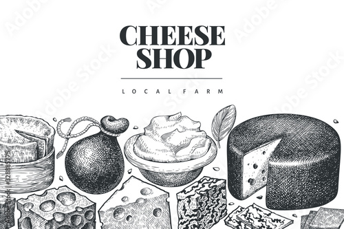 Cheese design template. Hand drawn vector dairy illustration. Engraved style different cheese kinds banner. Vintage food background.