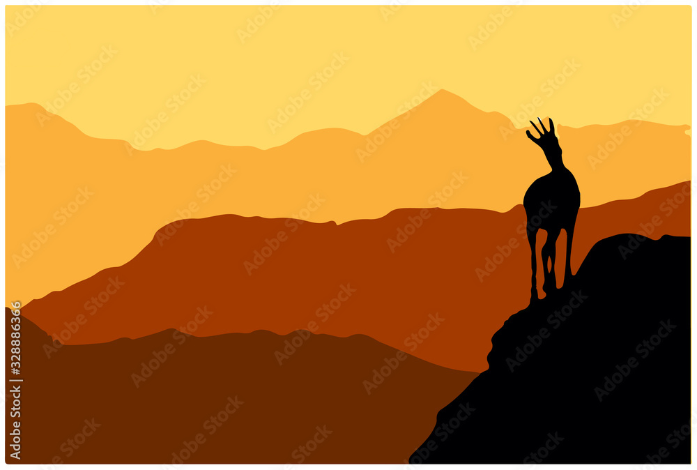 A chamois stands on top of a hill with mountains in the background. Black silhouette with brown and orange background. Illustration.