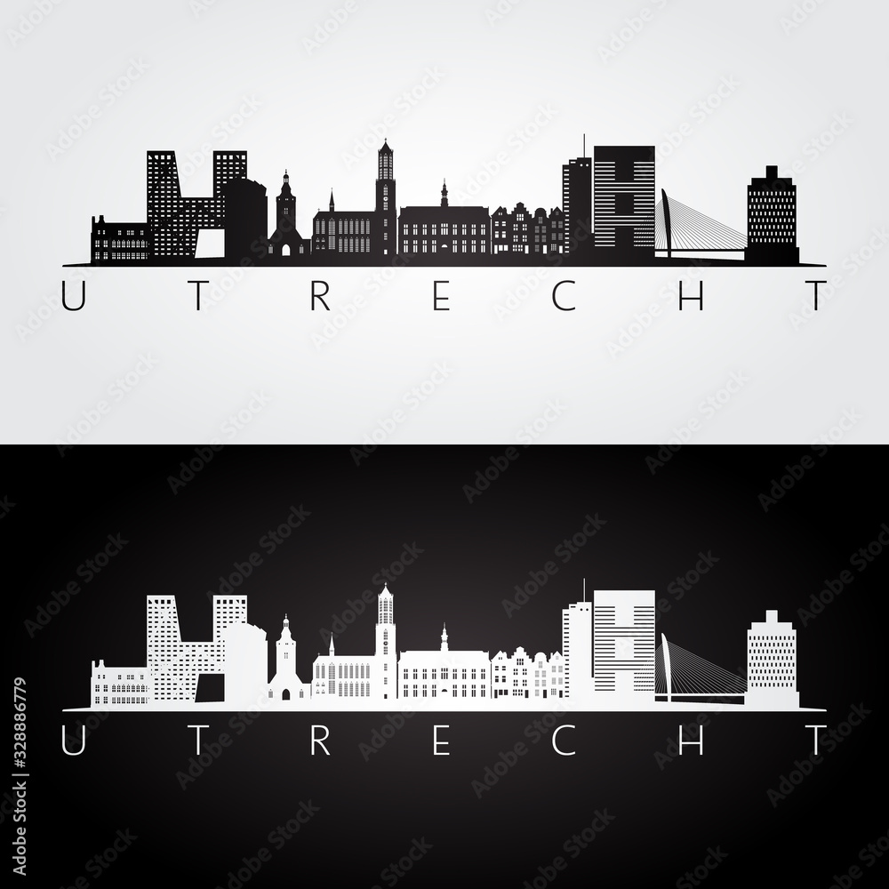 Utrecht skyline and landmarks silhouette, black and white design, vector illustration.
