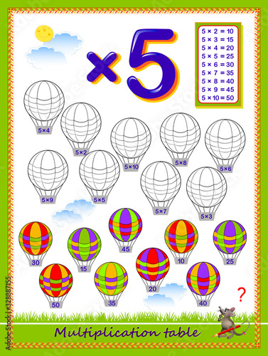Multiplication table by 5 for kids. Solve examples and paint the balloons. Educational page for school. Logic puzzle game. Printable worksheet for children math textbook. Coloring book. Vector image.