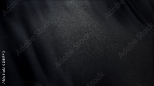 black flag cloth in full frame with selective focus. 3D Illustration of pitch-dark colored garment with clean natural linen texture for background banner or wallpaper use.