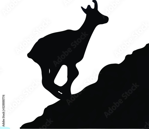 Black silhouette of chamois, jumping up the hill. Isolated on white background. Vector illustration.