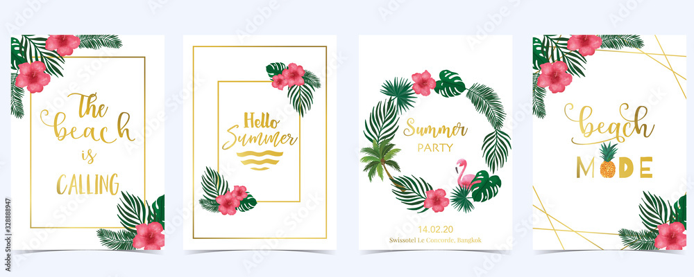 Obraz Collection of summer background set with hibiscus,coconut tree.Editable vector illustration for New year invitation,postcard and website banner