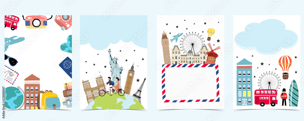 Travel to world background set in europe,america.Editable vector illustration for website, invitation,postcard and sticker.include wording enjoy your journey, adventure time Travel to world background set in europe,america.Editable vector illustration for website, invitation,postcard and sticker.include wording enjoy your journey, adventure time